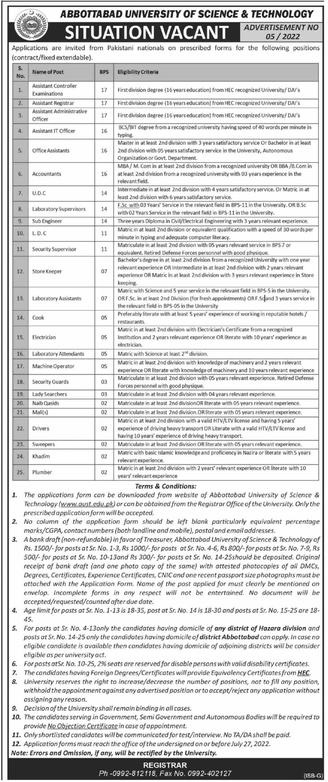 Abbottabad University Of Science & Technology Jobs 2022 Advertisement 