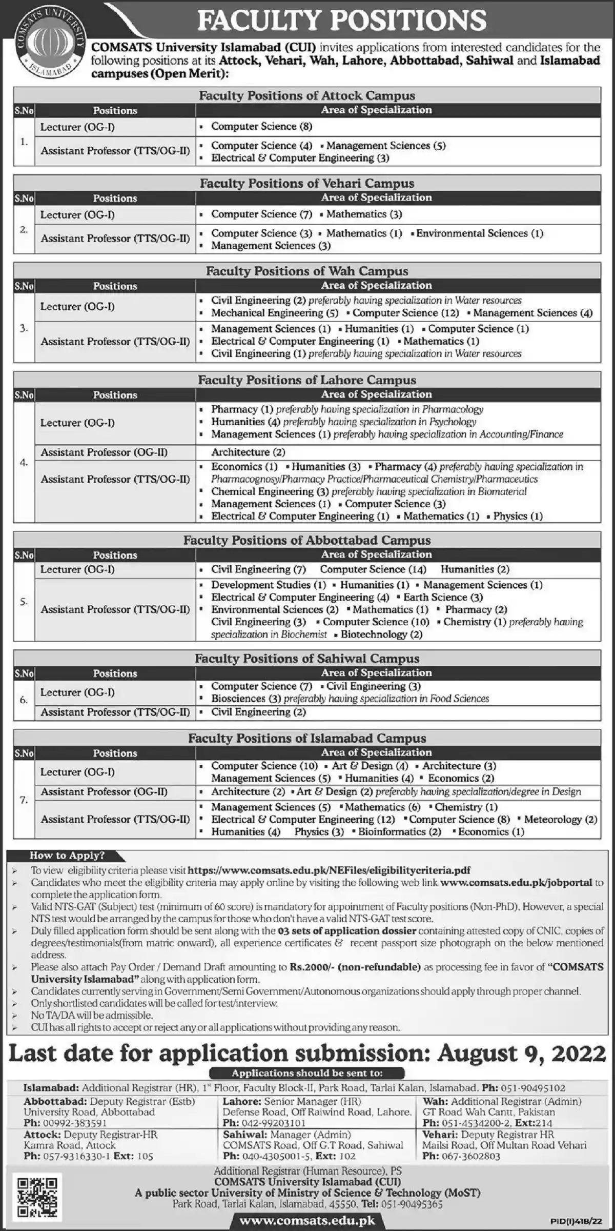 CUI Jobs 2022, COMSATS University Islamabad Advertisement 2022