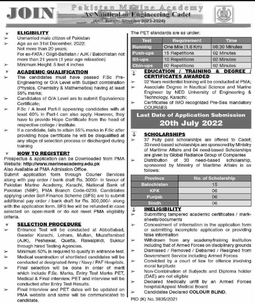 Pakistan Marine Academy Jobs 2022 Advertisement