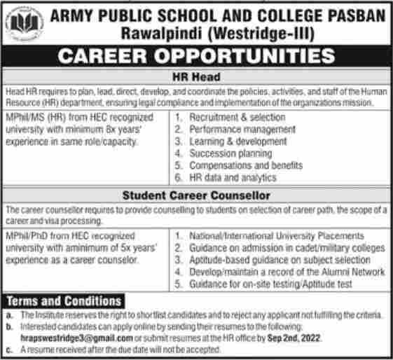 APS Jobs Rawalpindi 2022, Army Public School