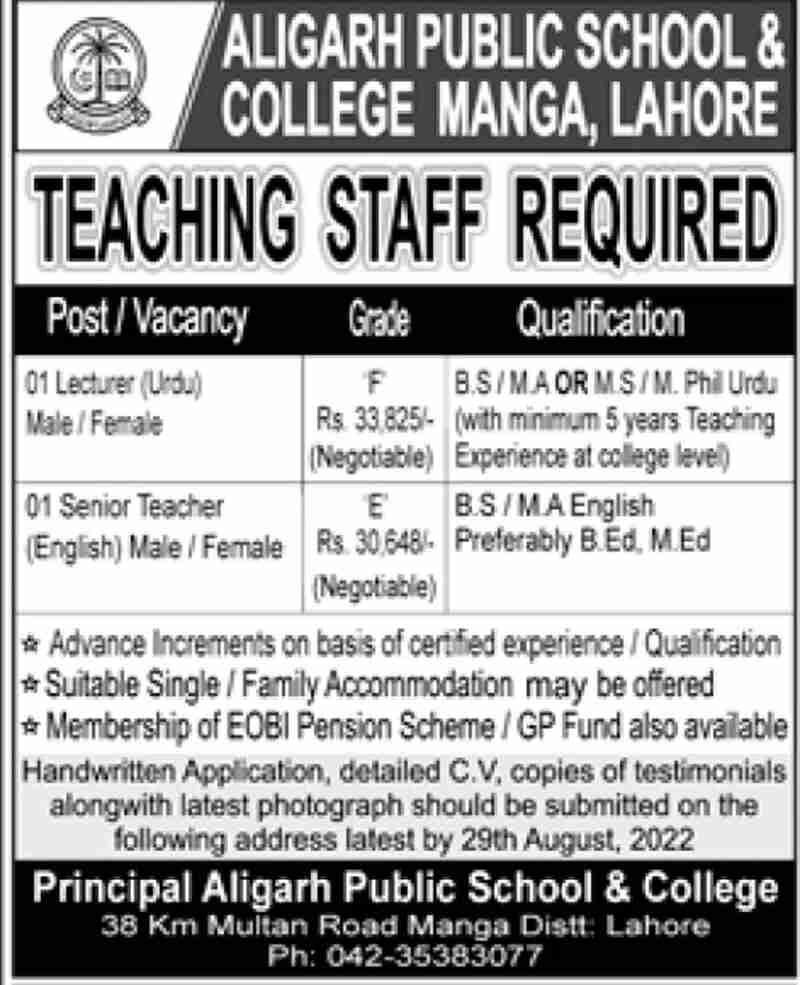 Education Department Jobs Aligarh School Lahore