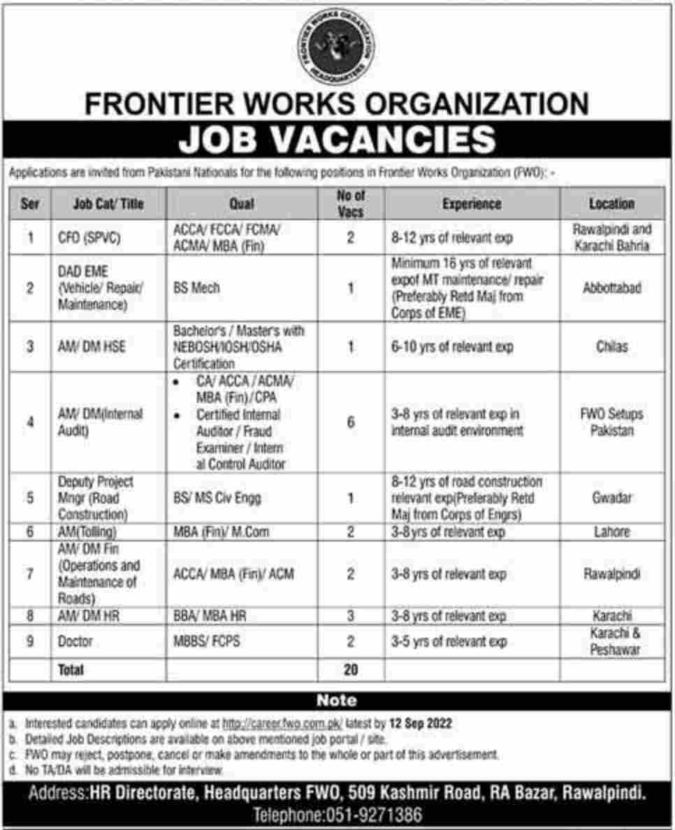 FWO Jobs 2022 Frontier Works Organization