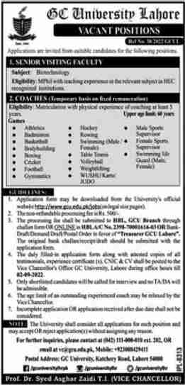 GC University Jobs Lahore 2022