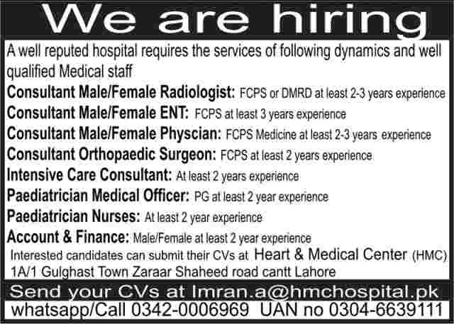 Medical Jobs In Lahore, HMC Hospital Vacancies
