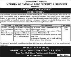 Ministry of National Food Security Jobs Advertisement 2022