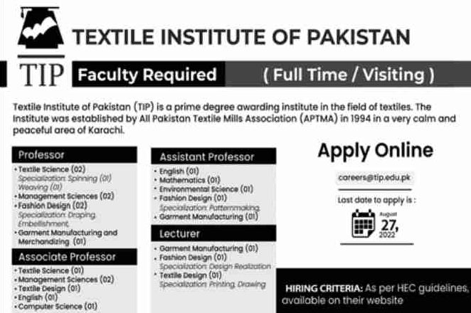 TIP Jobs. Textile Institute of Pakistan Jobs 2022