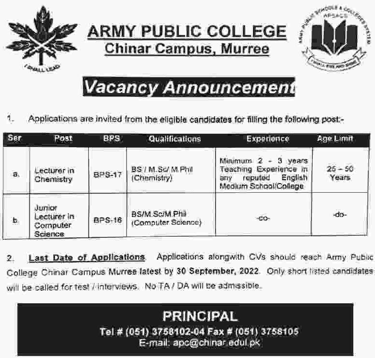 APS Murree Jobs 2+, Army Public School
