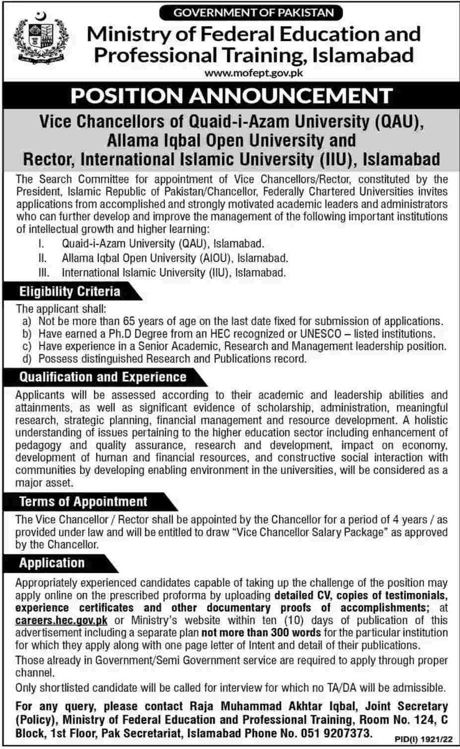 Apply Online Ministry of Federal Education Jobs 2022