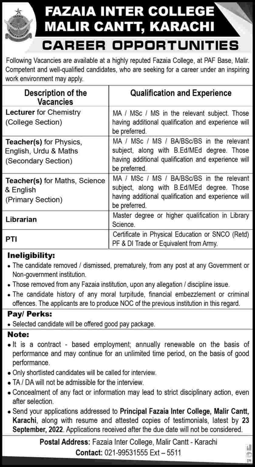 Fazaia Inter College Jobs In Karachi Vacancies 50+
