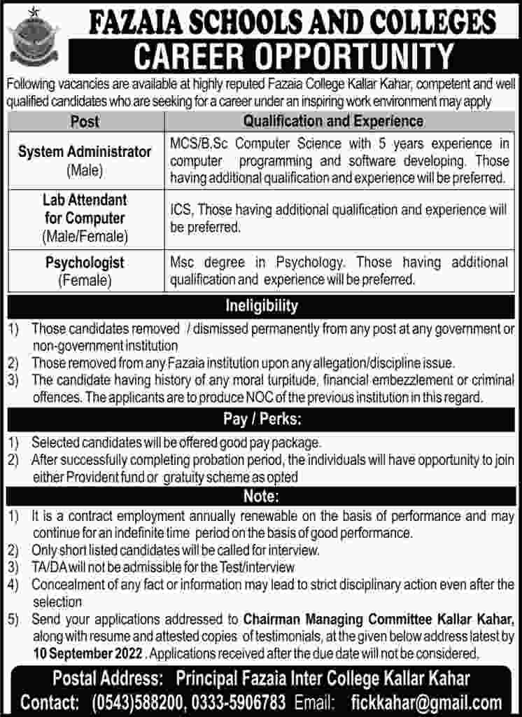 Fazaia Jobs, College Kallar Kahar 2022 Vacancies