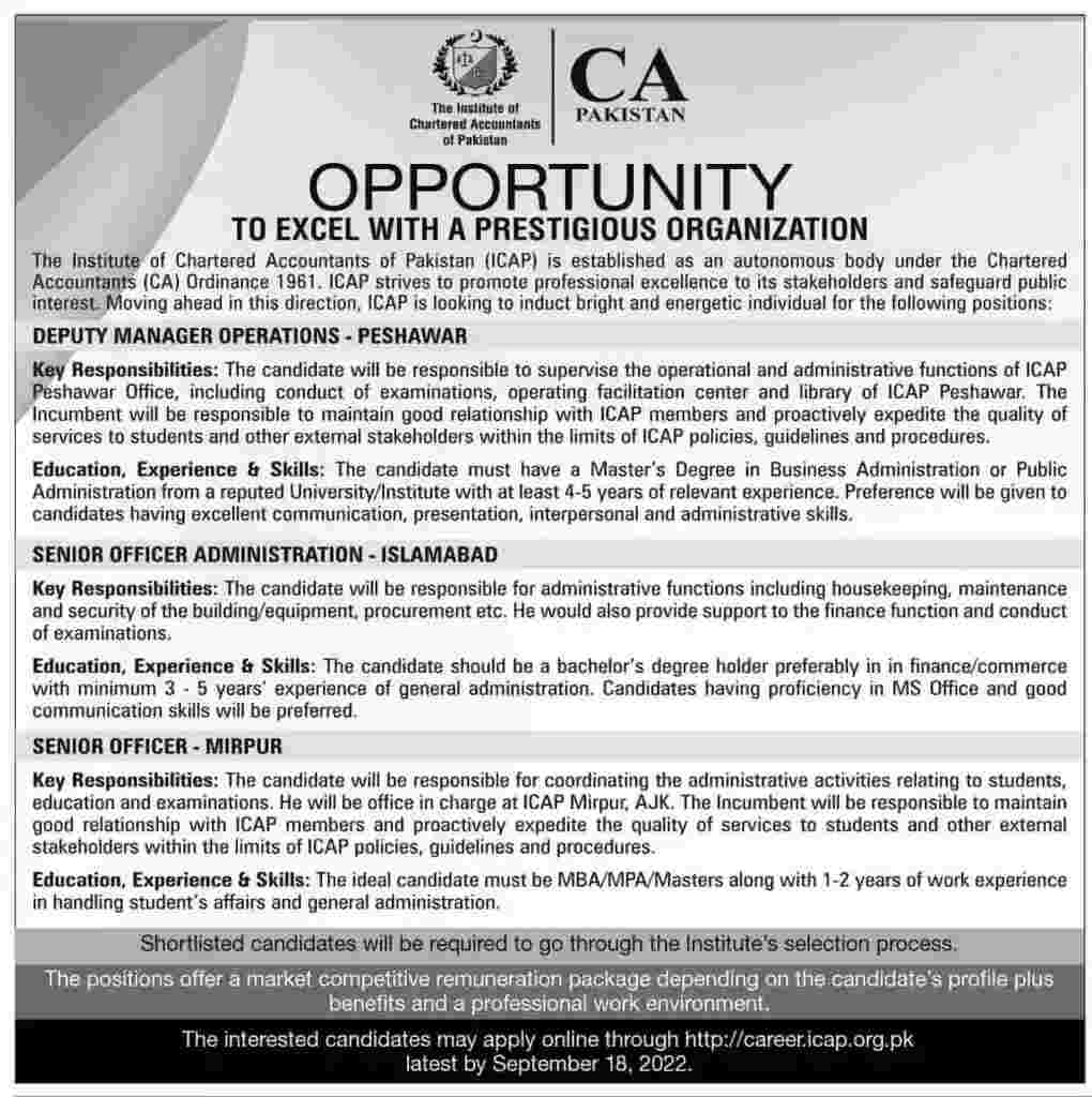 ICAP Jobs, Institute of Chartered Accountants of Pakistan