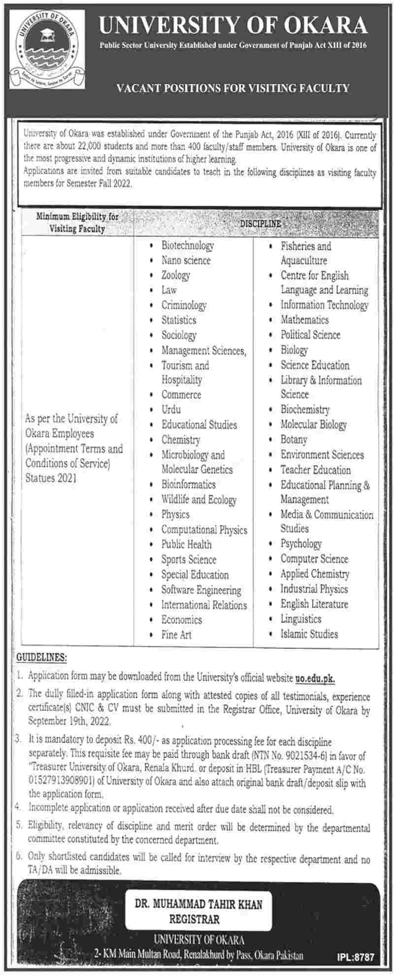 Job Vacancy University of Okara