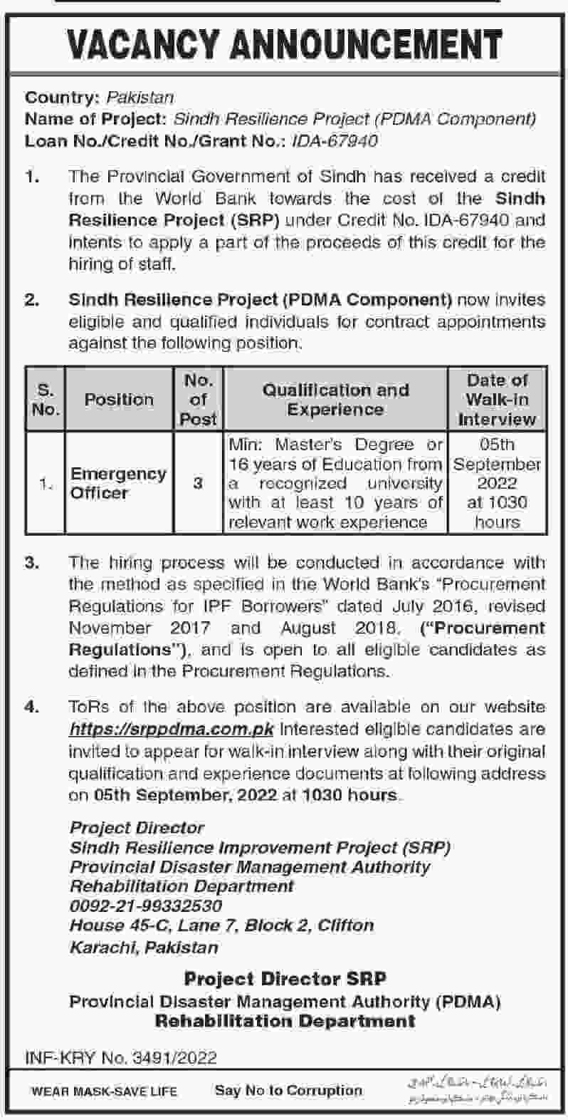 PDMA Jobs Sindh, Provincial Disaster Management Authority