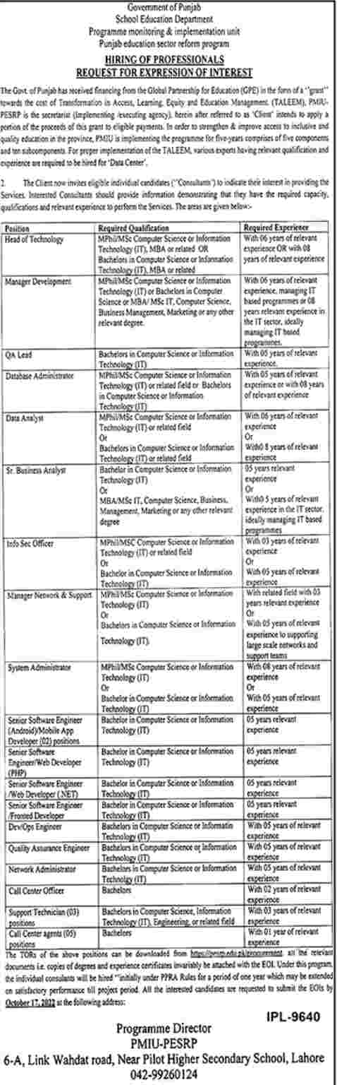 Punjab Education Department Jobs 2022 Lahore