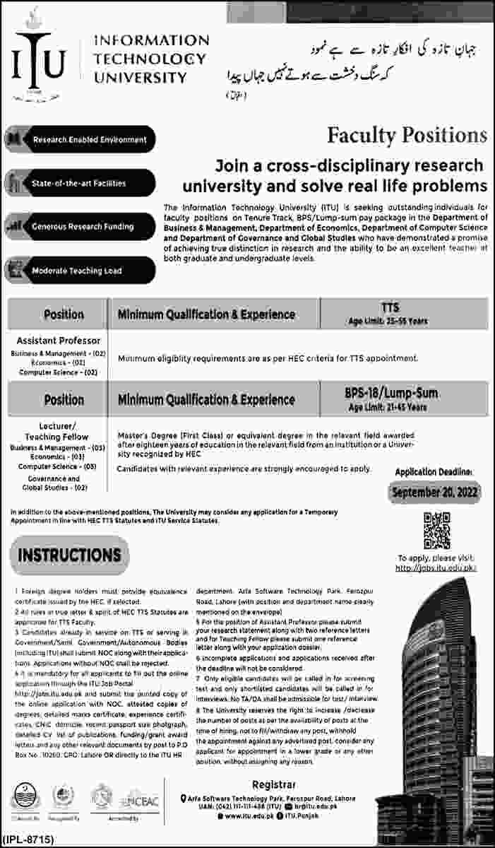 University Jobs in Lahore, IT University 17 Seats