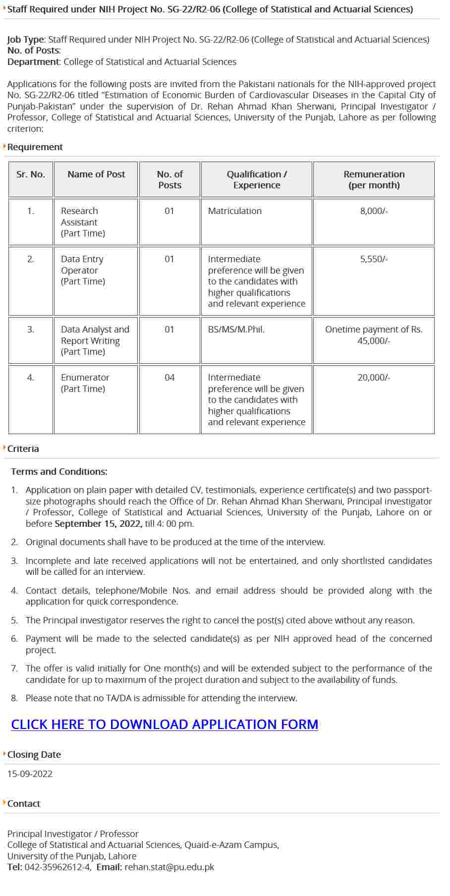 University of Punjab Jobs Download Application