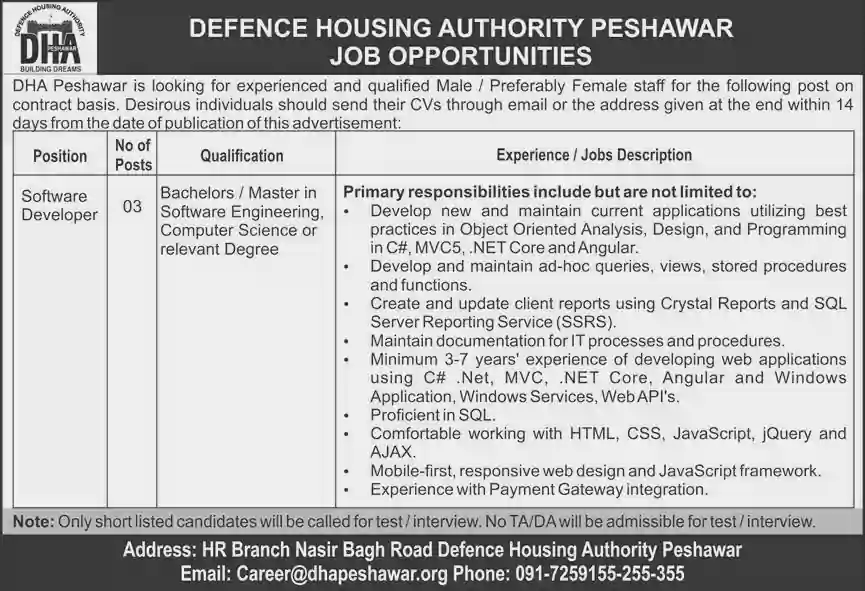 Defence Housing Authority DHA Jobs Peshawar
