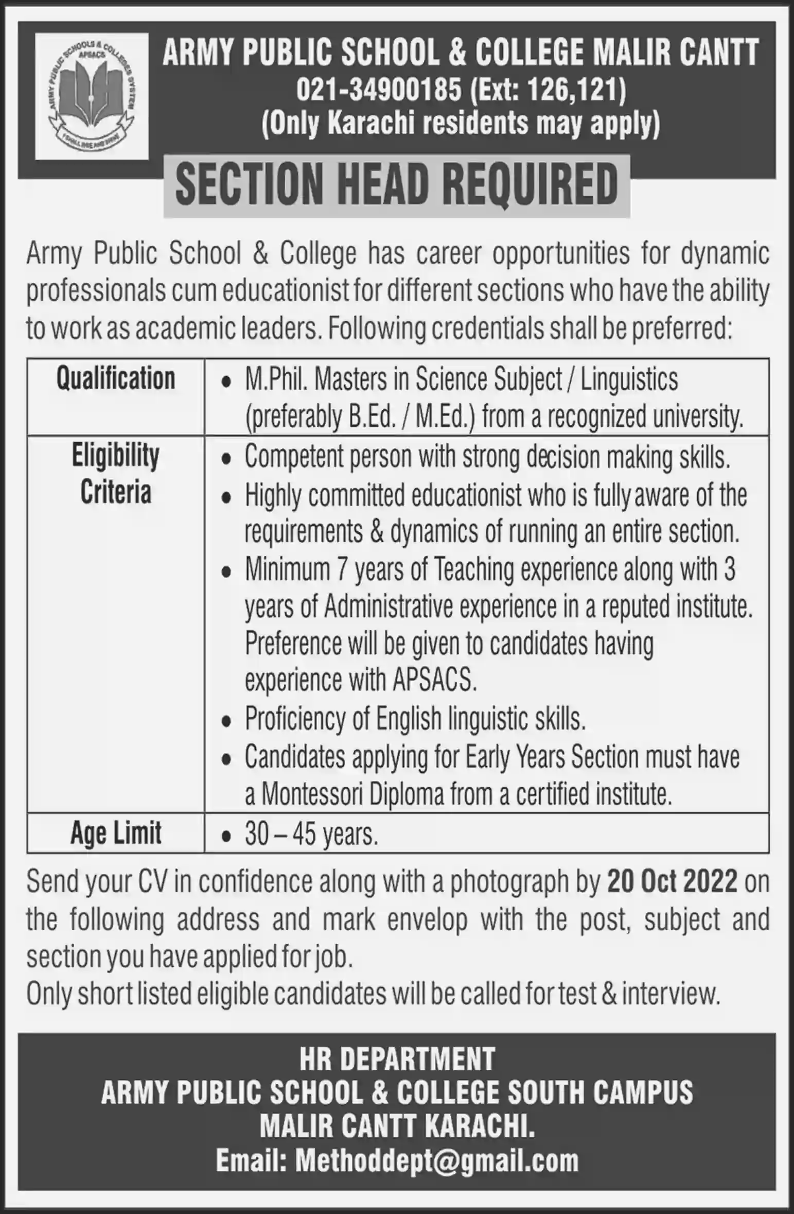 Malir Cantt, Army Public School Karachi Vacancies