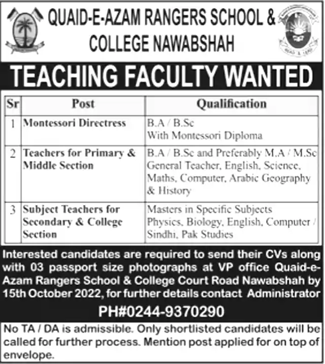 Quaid-e-Azam Rangers School & College Jobs