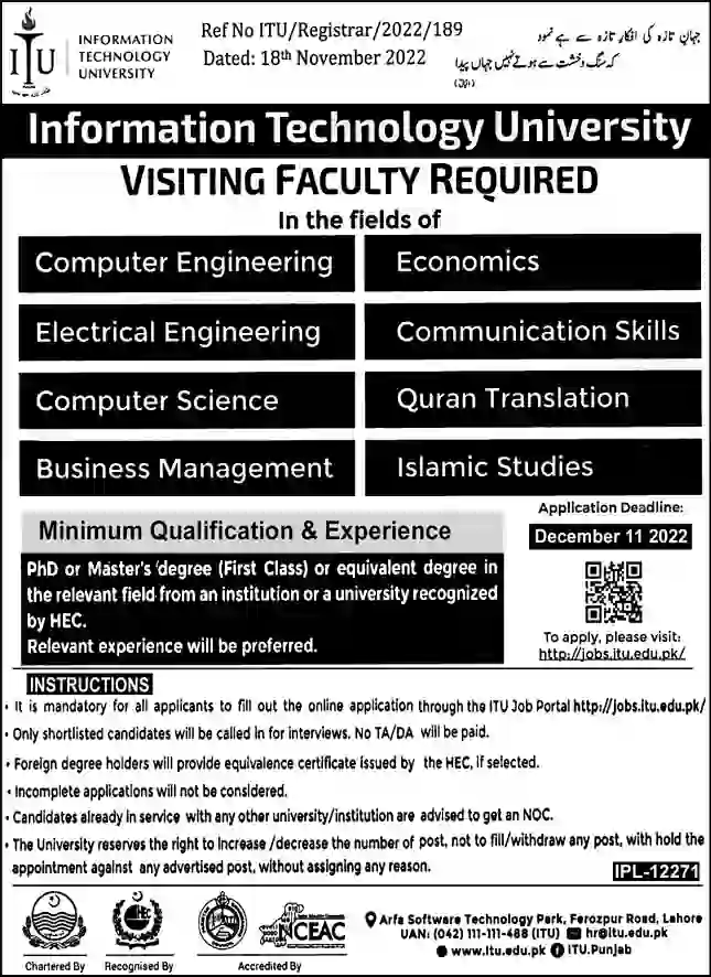 ITU Lahore Jobs 2022 Advertisement