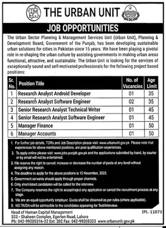 The Urban Unit Jobs In Lahore Punjab Advertisement 2022
