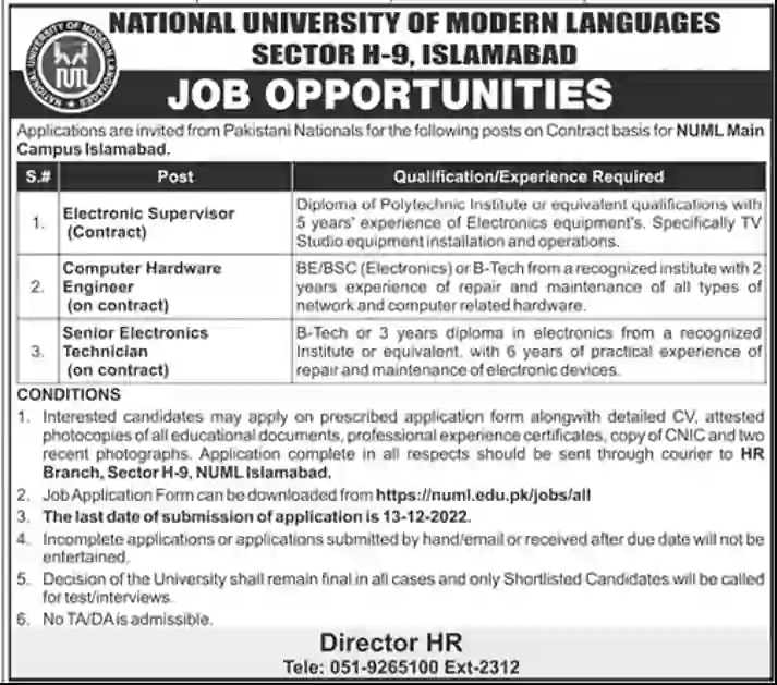 NUML LMS Jobs 2022 All Pakistan Campus
