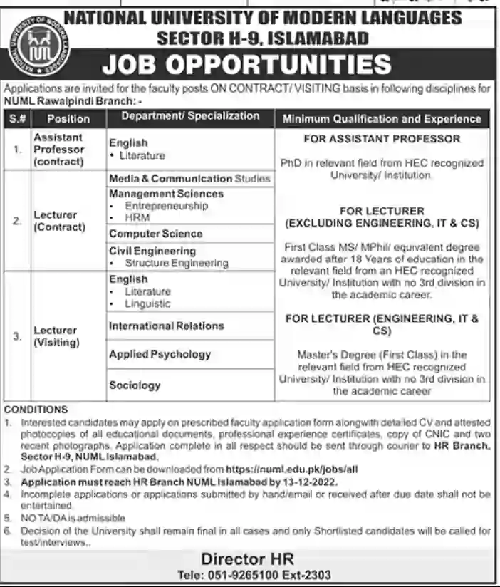 NUML LMS Jobs 2022 All Pakistan Campus