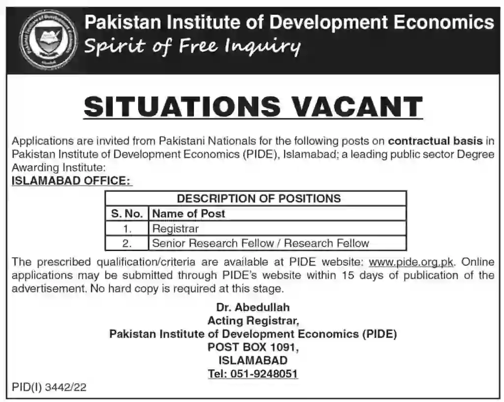 Pakistan Institute of Development Economics Jobs Advertisement 2022