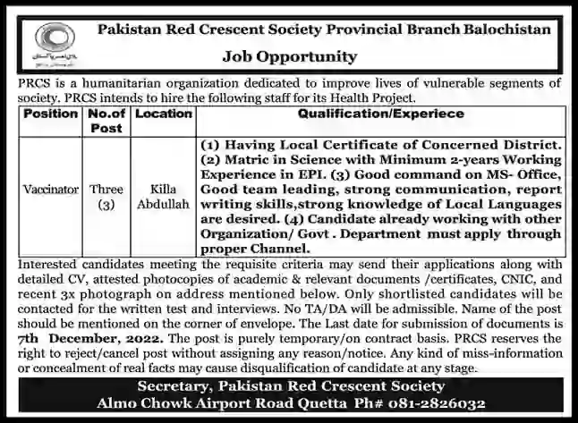 Pakistan Red Crescent Society Jobs Advertisement 2022 