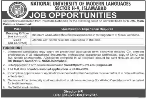 NUML Lahore Campus Jobs
